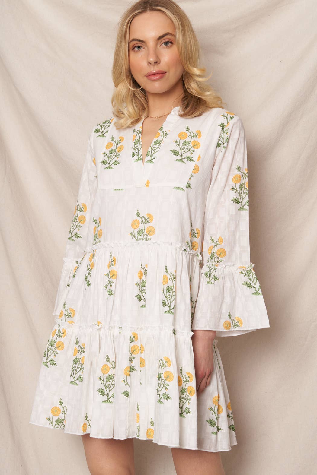 Flower Print 3/4 Sleeve V-Neck Tiered Mini Dress