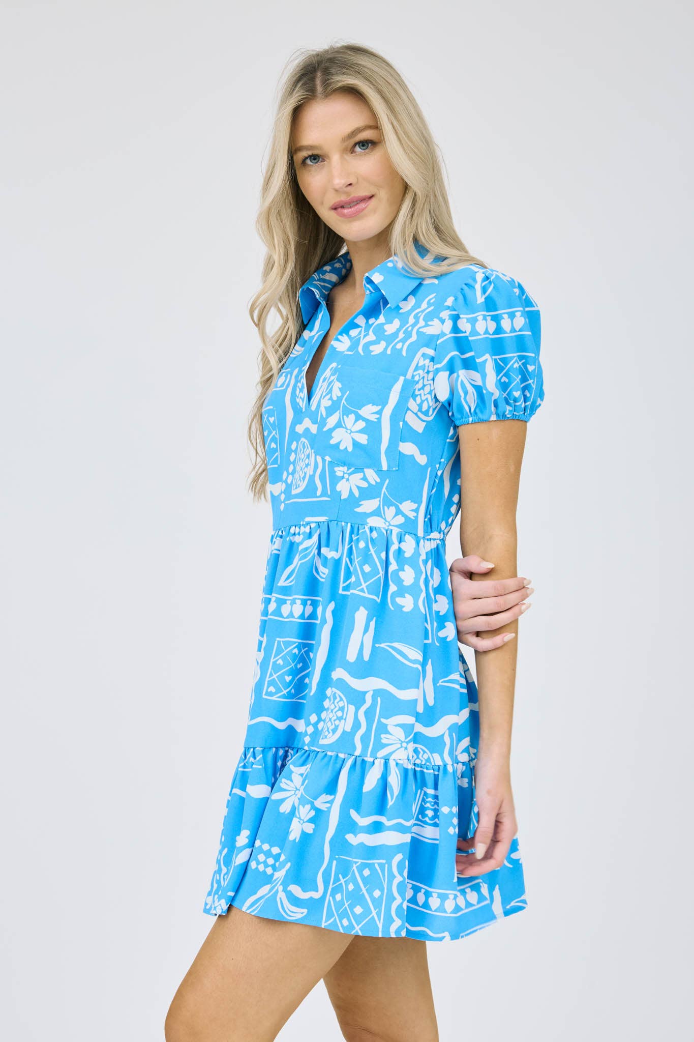 LINE ART PRINT SHORT PUFF SLEEVE MINI DRESS