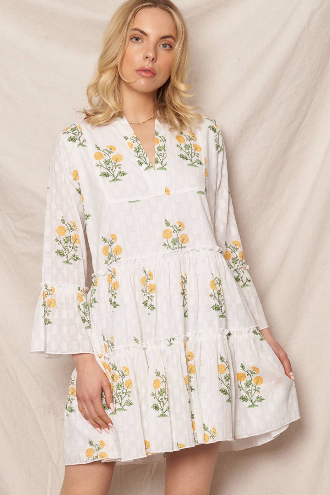 Flower Print 3/4 Sleeve V-Neck Tiered Mini Dress