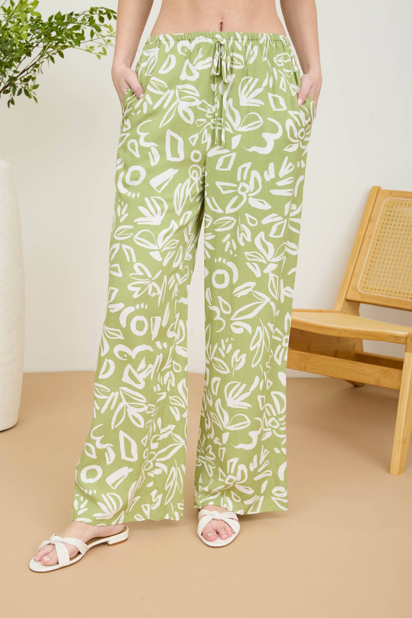 FLORAL PRINT HIGH WAIST WIDE LEG LINEN PANTS