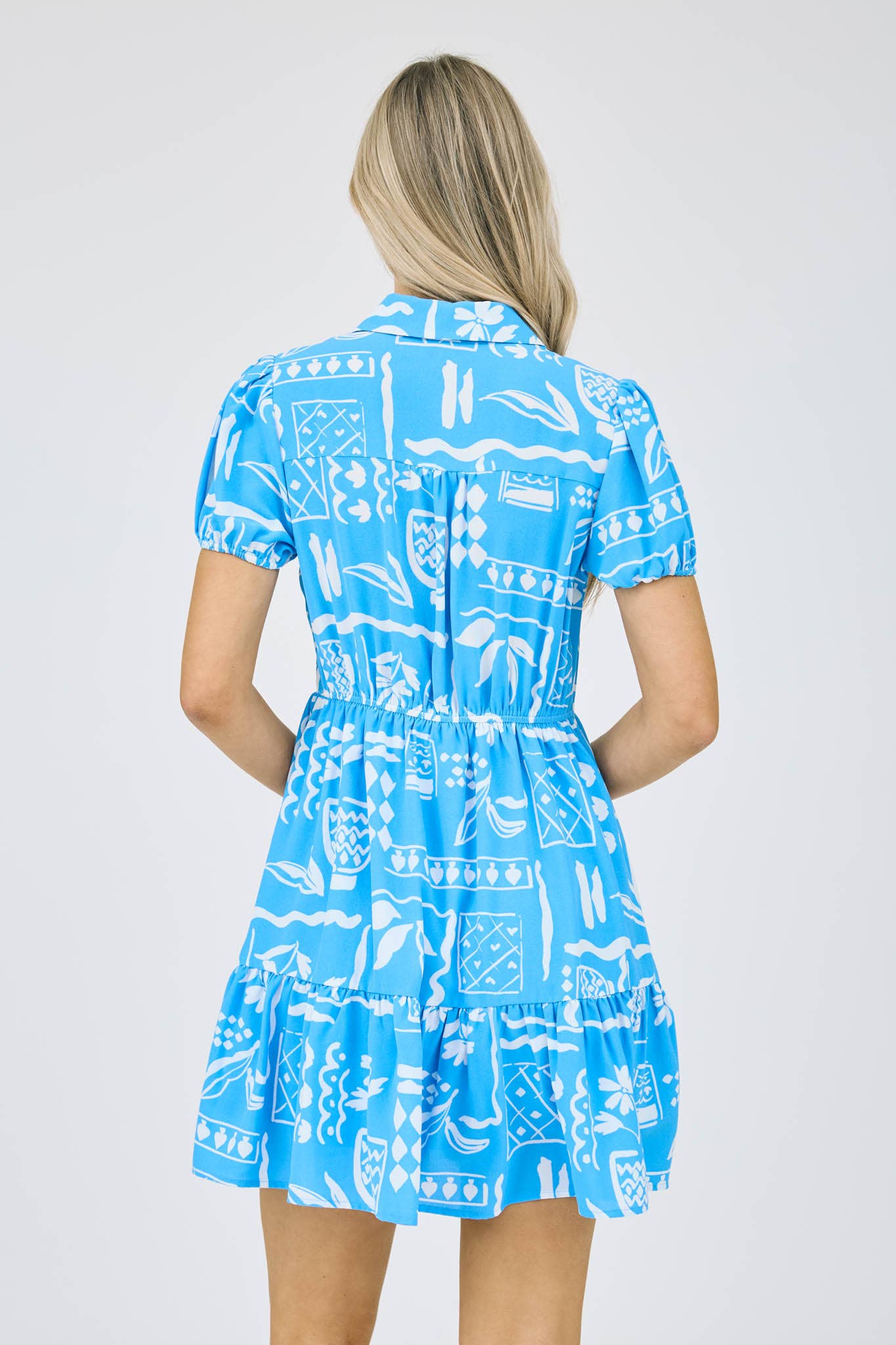 LINE ART PRINT SHORT PUFF SLEEVE MINI DRESS
