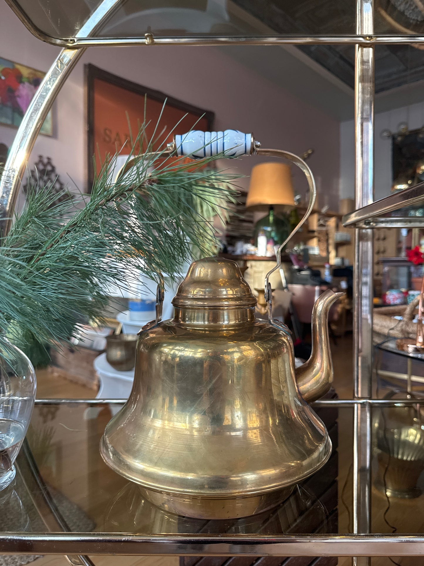 Large Brass Teapot with Blue Handle