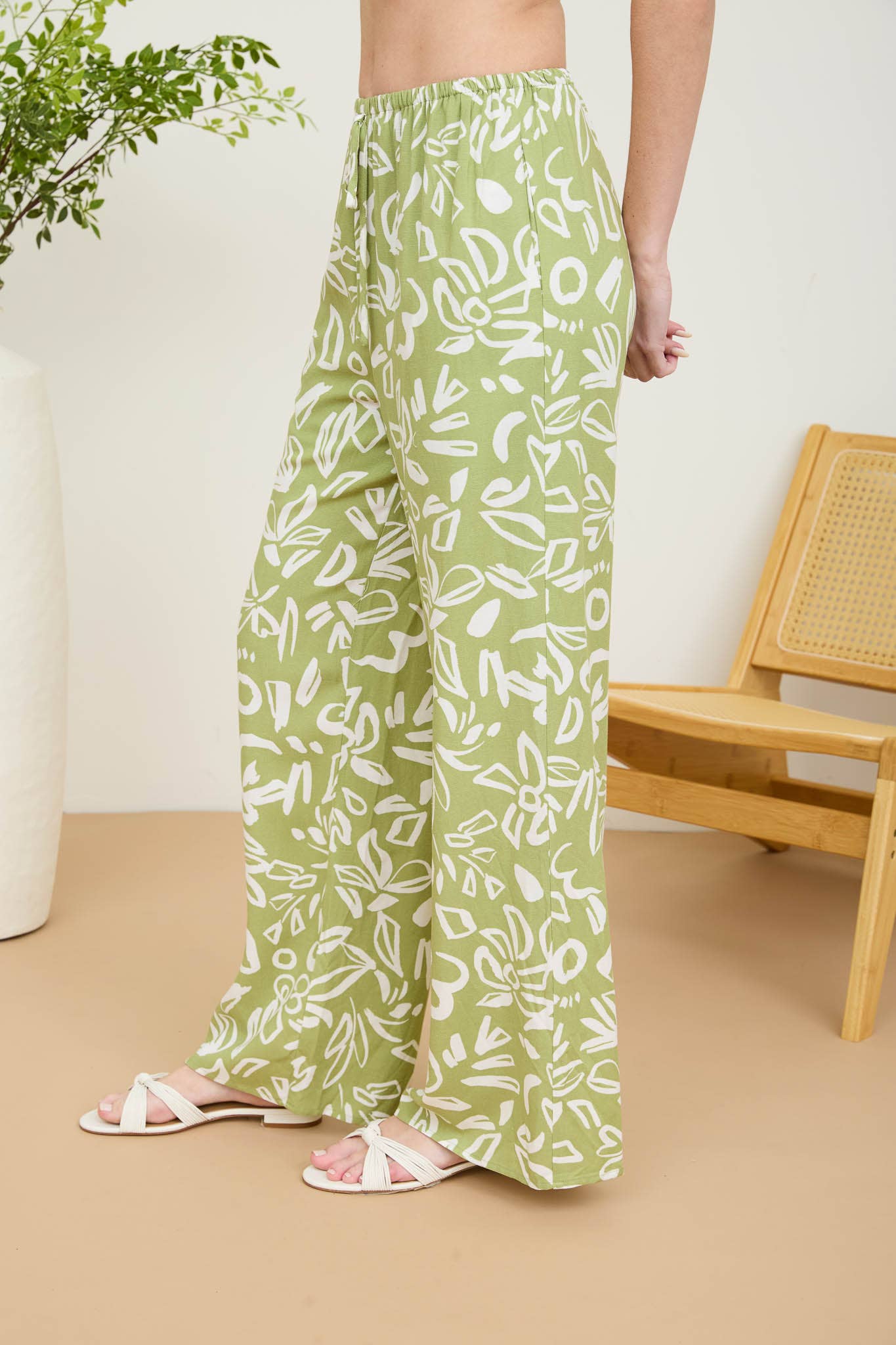 FLORAL PRINT HIGH WAIST WIDE LEG LINEN PANTS