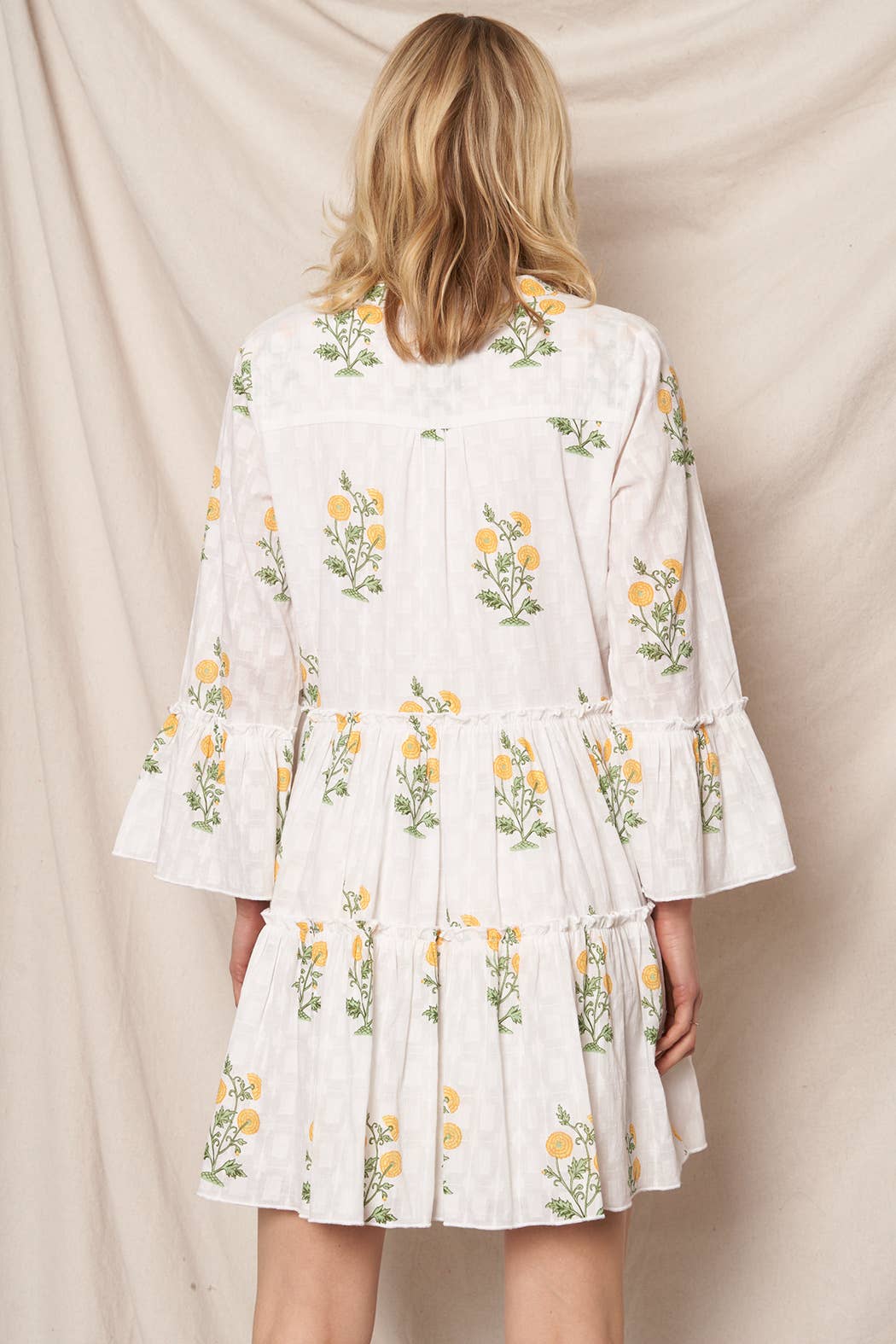 Flower Print 3/4 Sleeve V-Neck Tiered Mini Dress