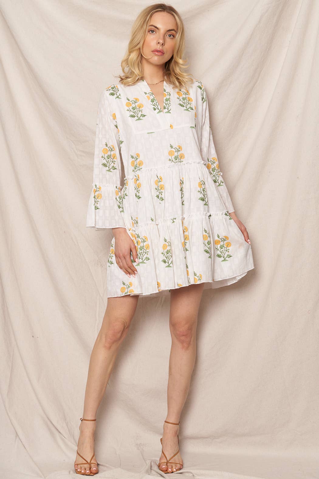 Flower Print 3/4 Sleeve V-Neck Tiered Mini Dress