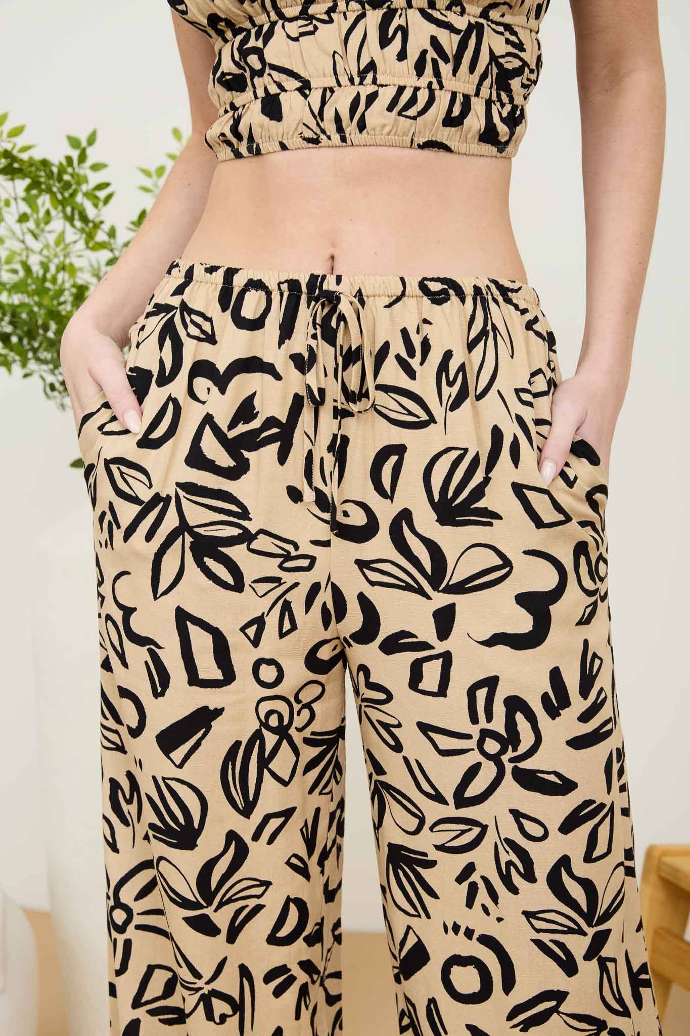 FLORAL PRINT HIGH WAIST WIDE LEG LINEN PANTS