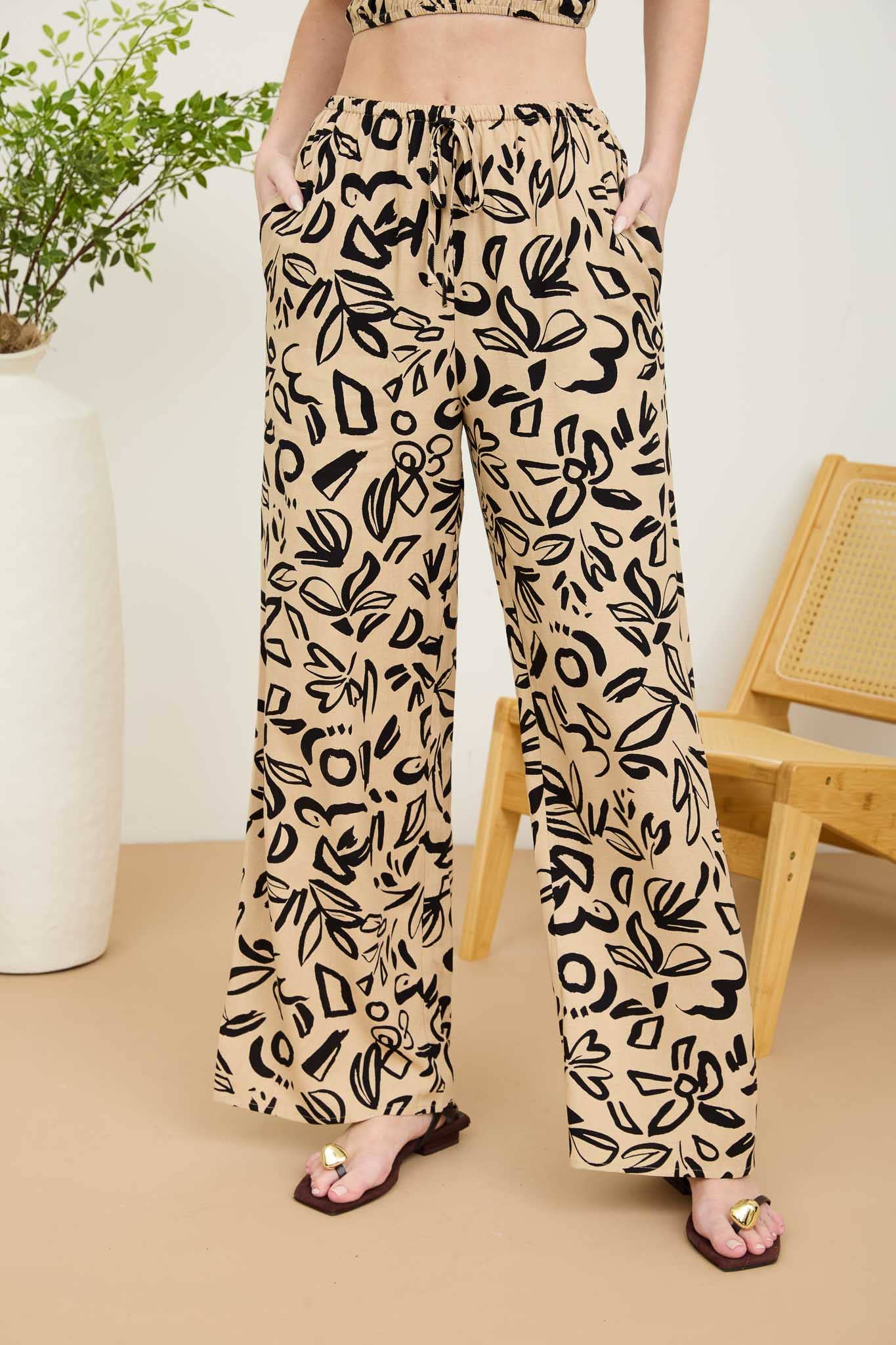 FLORAL PRINT HIGH WAIST WIDE LEG LINEN PANTS