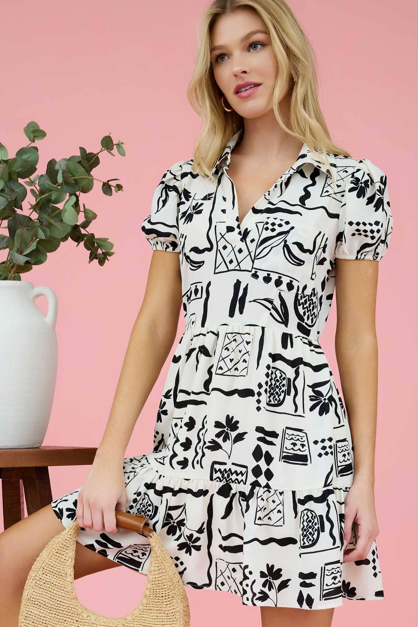 LINE ART PRINT SHORT PUFF SLEEVE MINI DRESS