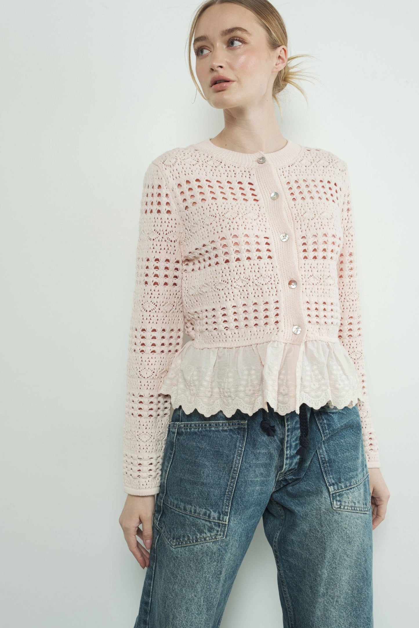 Lace Bottom Pointelle Knit Cardigan