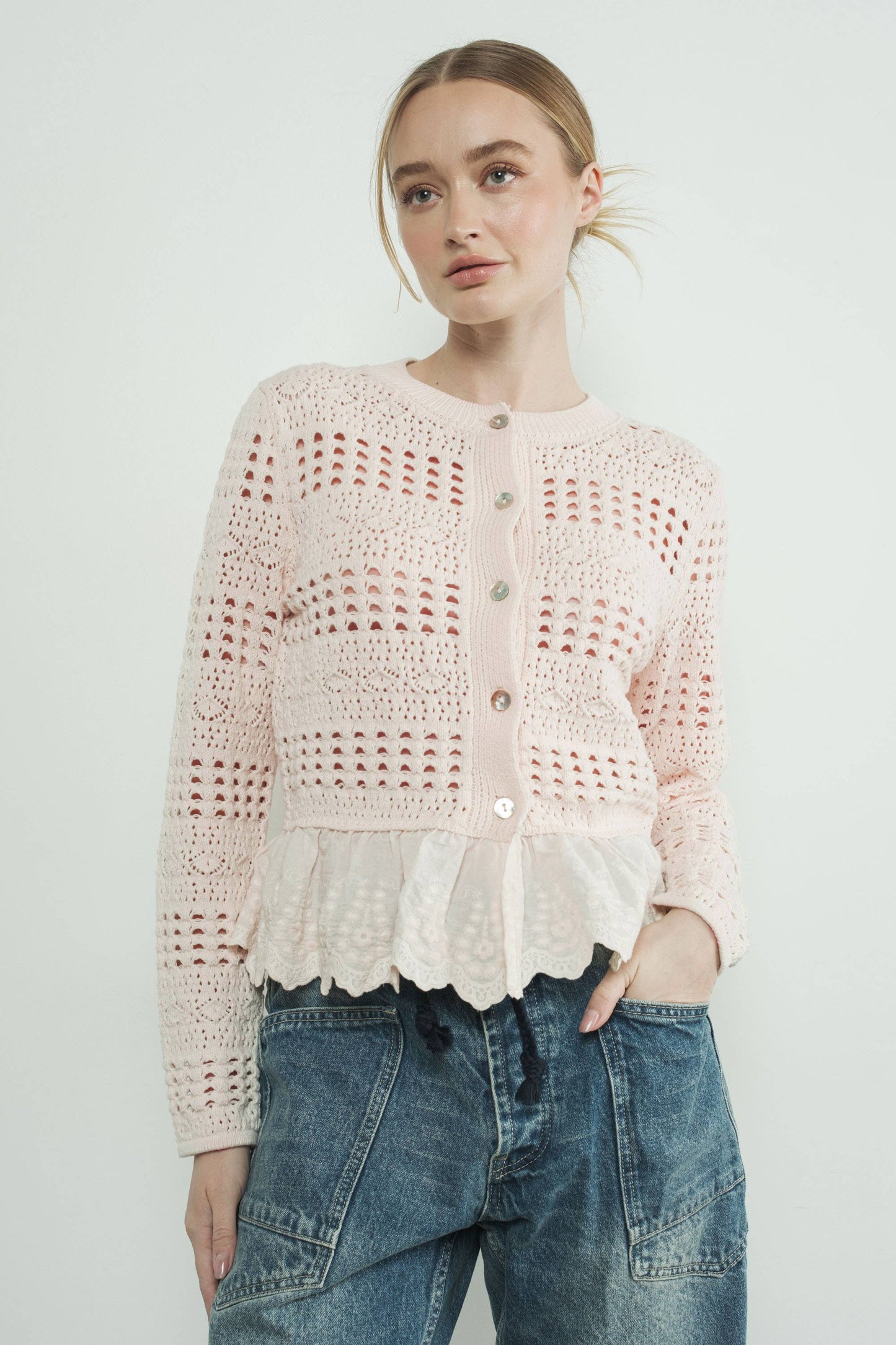 Lace Bottom Pointelle Knit Cardigan