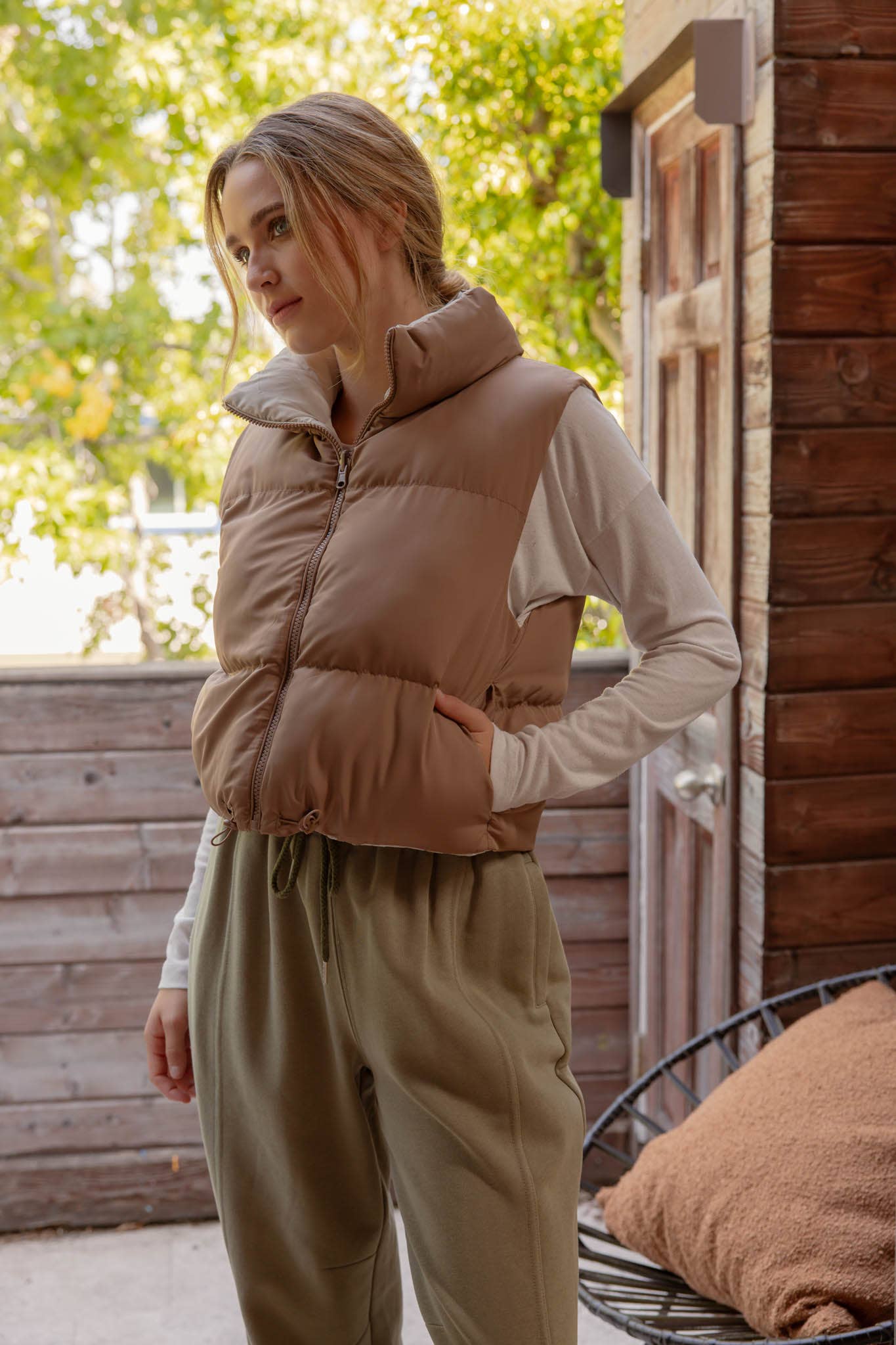 Reversible Tan Cropped Puffer Vest