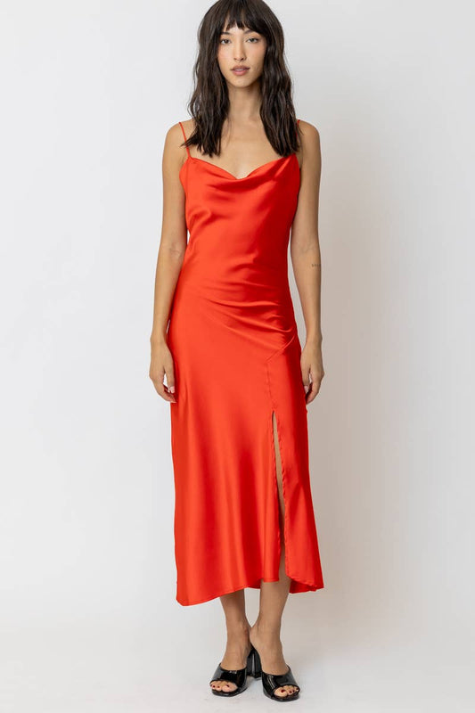 Cherry Red Satin Midi Dress