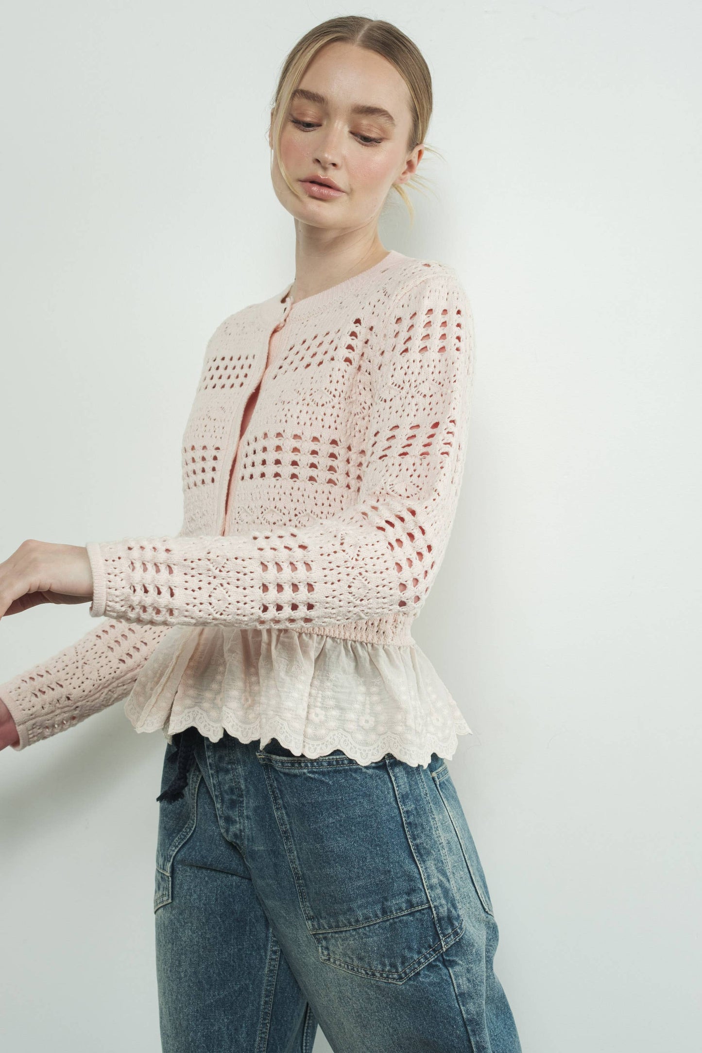 Lace Bottom Pointelle Knit Cardigan